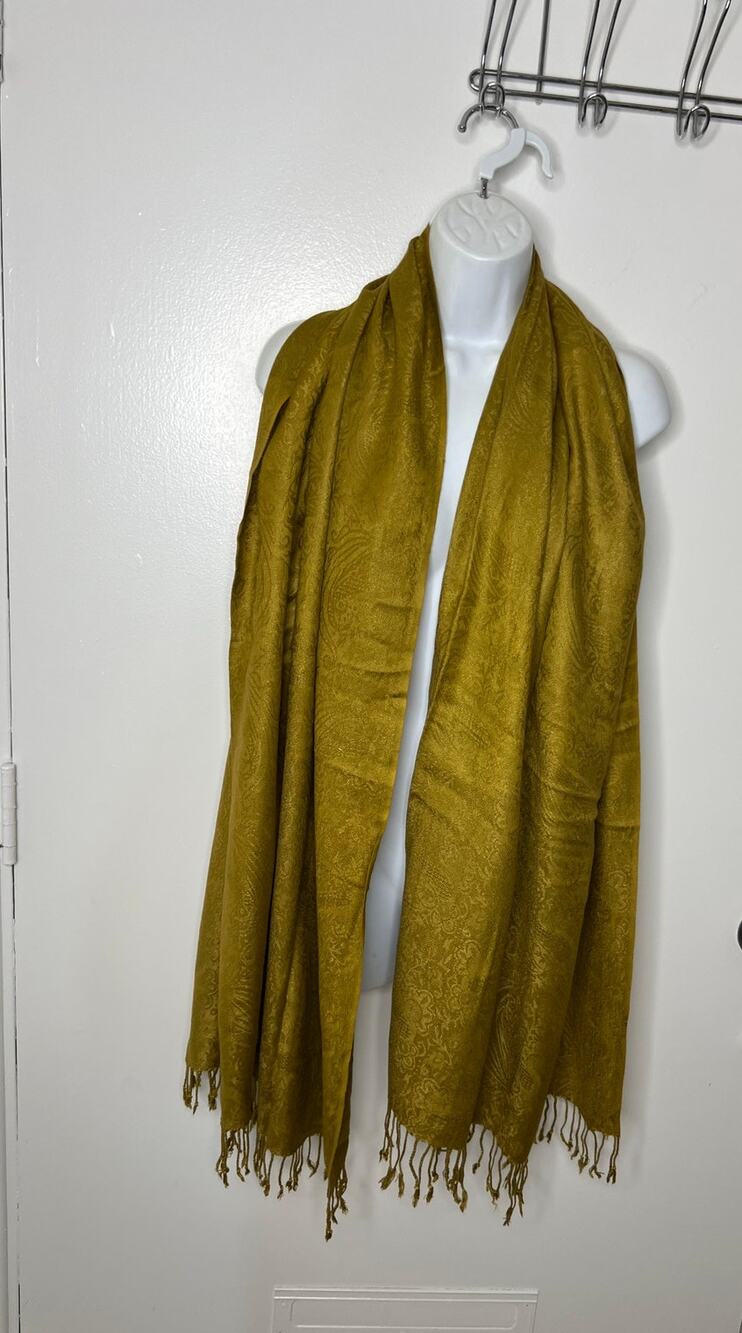 Thin Knit Fringe Scarf Wrap Shawl Brownish-Gold Paisley Print ~ 82" by 29"